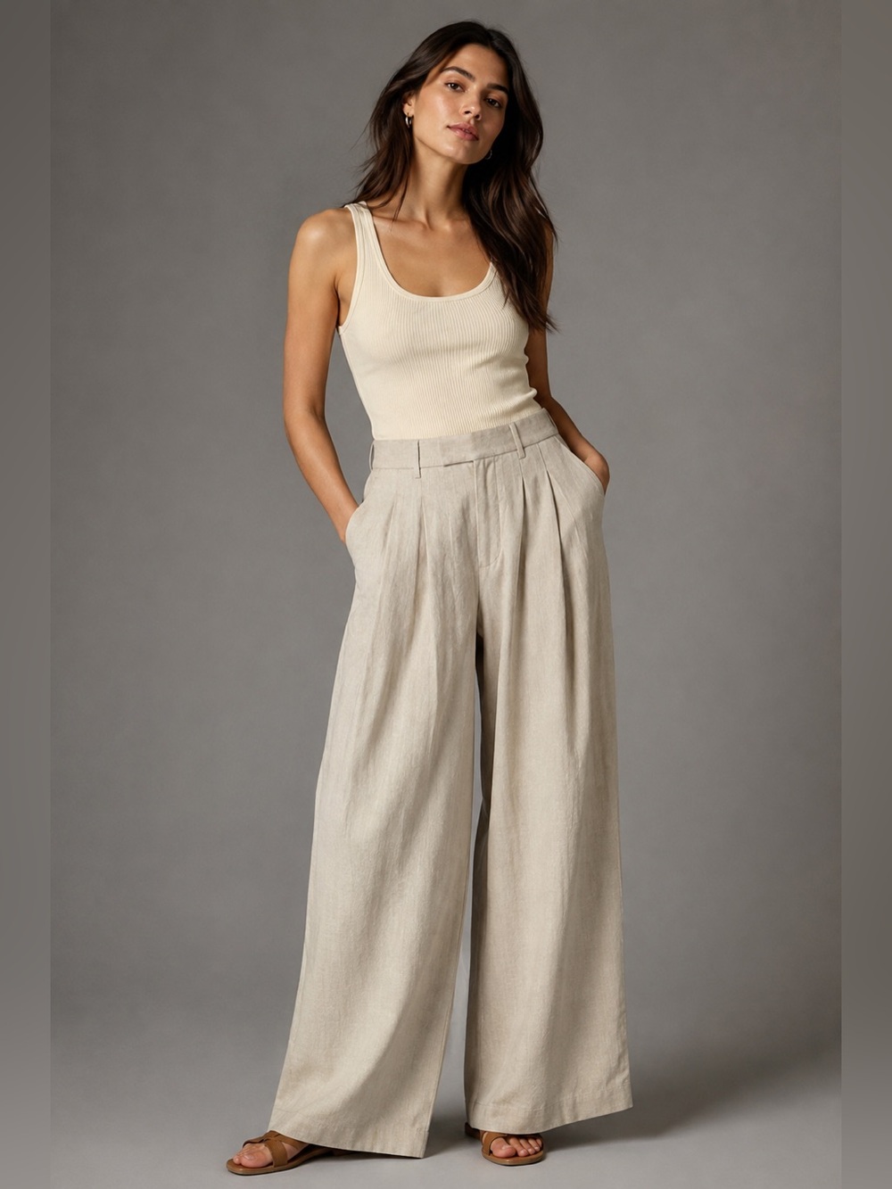 NWT COMMENSE Linen Blend Wide Leg Pants M Khaki Pleated Herringbone